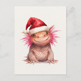 Postal Festiva Cute Axolotl con sombrero de Santa acuarela