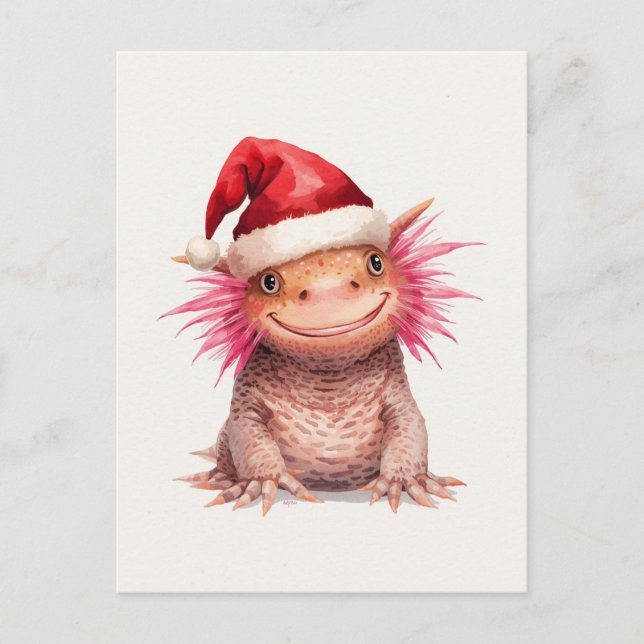 Postal Festiva Cute Axolotl in Santa Hat Watercolor (Anverso)