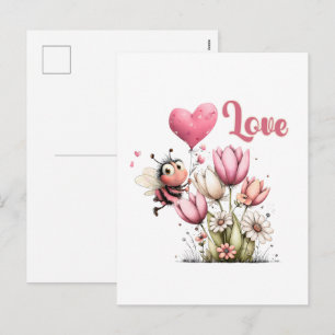 Postal Festiva Cute Bee Amor Corazón & Floral 