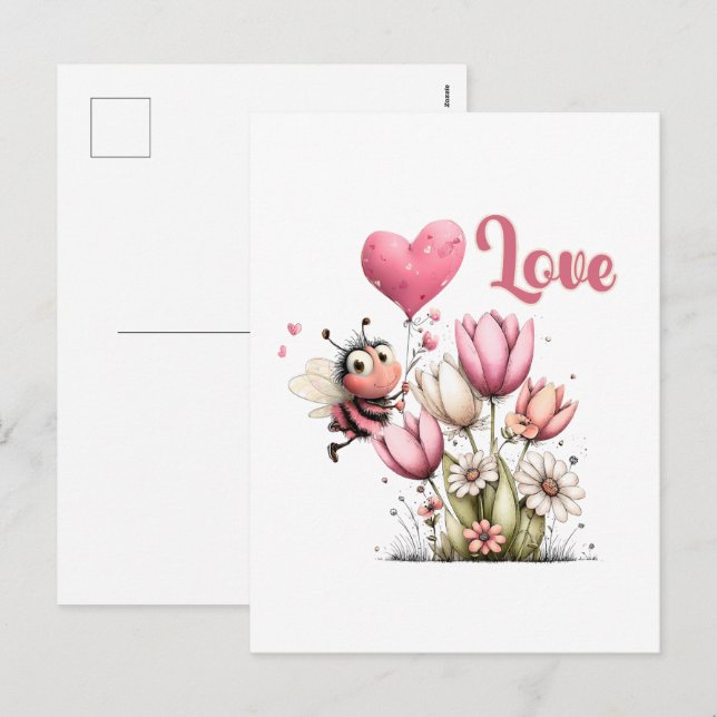 Postal Festiva Cute Bee Amor Corazón & Floral  (Anverso / Reverso)