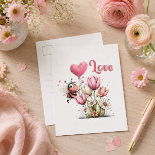 Postal Festiva Cute Bee Amor Corazón & Floral