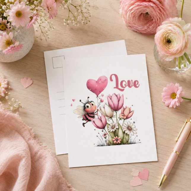 Postal Festiva Cute Bee Amor Corazón & Floral  (Subido por el creador)
