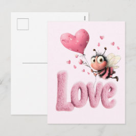 Postal Festiva Cute Bee Fluffy Pink Love Heart Balloon Design