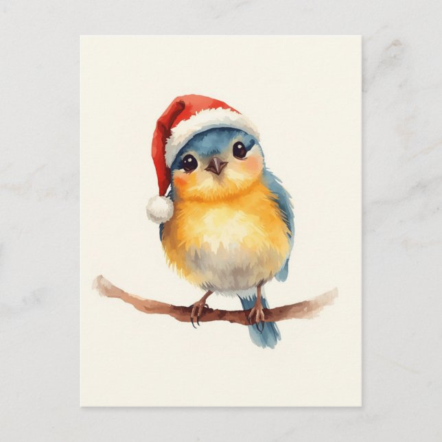 Postal Festiva Cute Bird in Santa Hat Watercolor Xmas (Anverso)