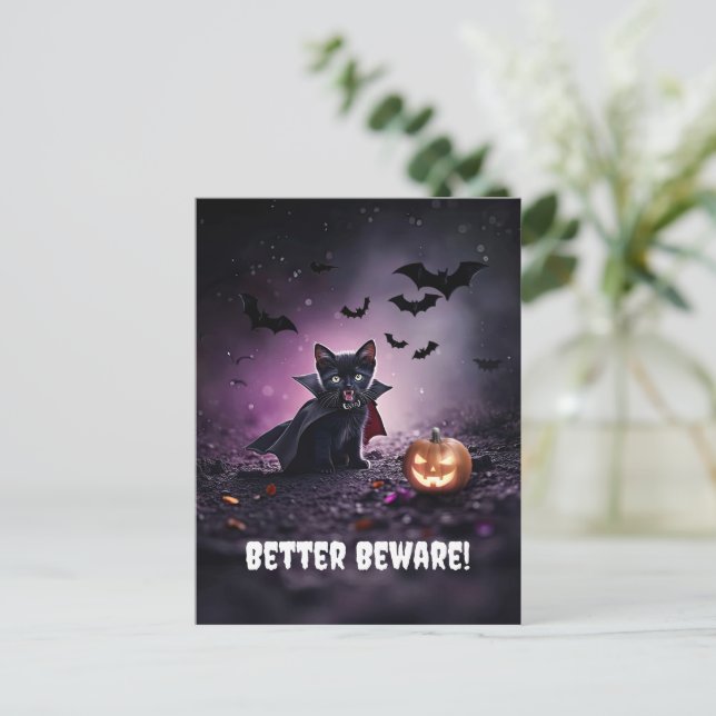 Postal Festiva Cute Black Cat Vampire Halloween (Anverso de pie)