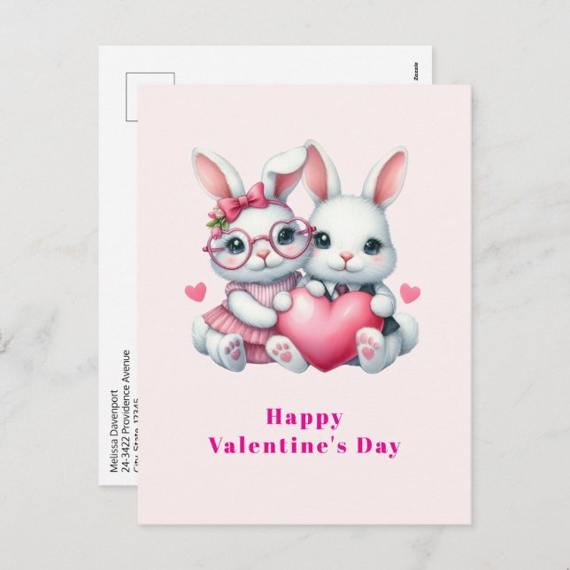 Postal Festiva Cute Bunnies Sharing a Heart Valentine's Day (Anverso / Reverso)