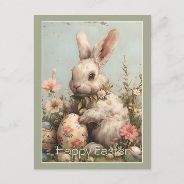 Postal Festiva Cute Bunny Easter Eggs Floral  (Anverso)