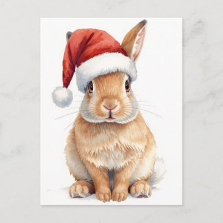 Postal Festiva Cute Bunny in Santa Hat Watercolor Xmas