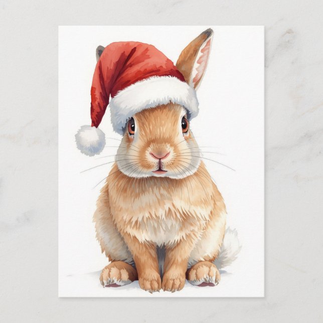 Postal Festiva Cute Bunny in Santa Hat Watercolor Xmas (Anverso)