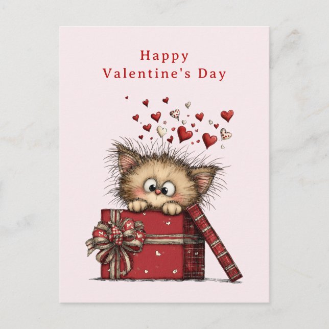 Postal Festiva Cute Cartoon Kitten with Hearts Valentine's Day (Anverso)