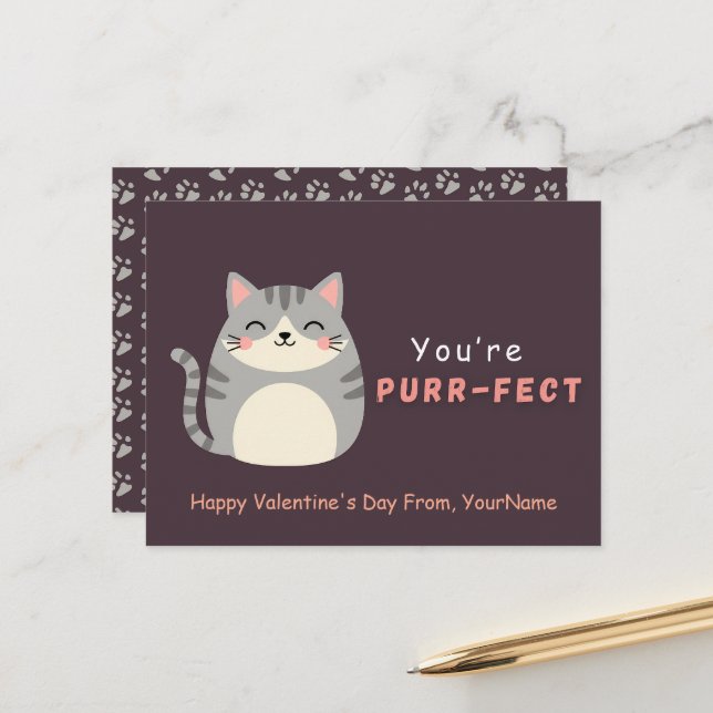 Postal Festiva Cute Cat Valentine Pun Card – You’re Purr-fect (Anverso/Reverso In Situ)