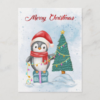 Postal Festiva Cute Christmas Penguin Decorating Tree with Lights