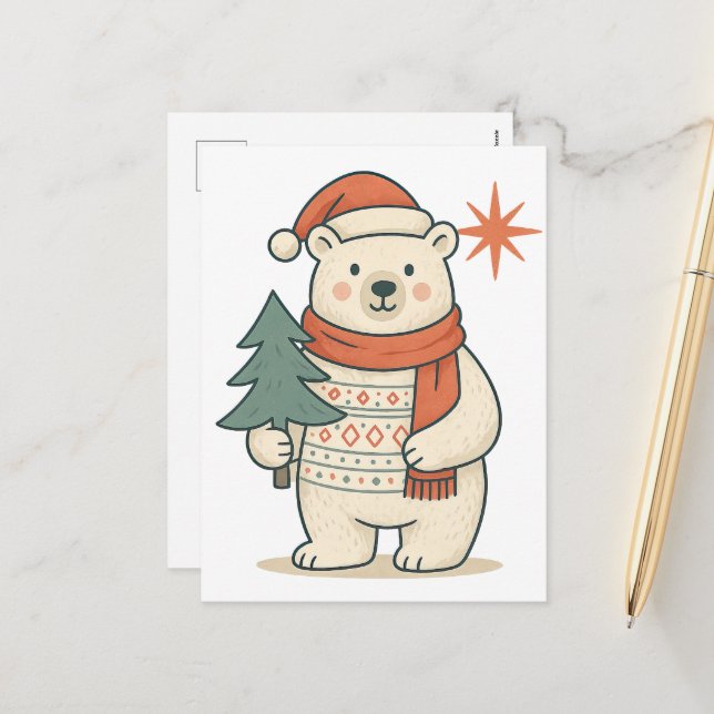 Postal Festiva Cute Christmas Polar Bear Postcard | Scandinavian  (Anverso/Reverso In Situ)