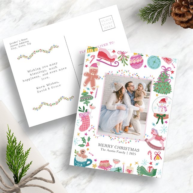Postal Festiva Cute Colorful Christmas Postcard (Hand-drawn Whimsical Charm Chic Holiday  Colorful Christmas Photo Postcard by Painted Paperie)