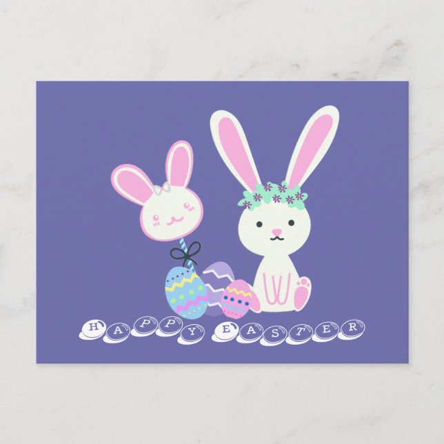 Postal Festiva Cute Easter Bunnies y Ilustracion de huevos (Anverso)