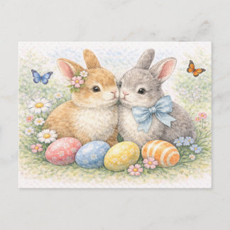 Postal Festiva Cute Easter Bunny Couple Watercolor Postcard