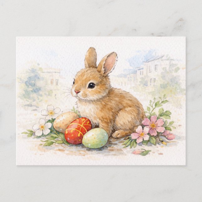 Postal Festiva Cute Easter Bunny Watercolor Postcard (Anverso)