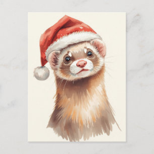 Postal Festiva Cute Ferret con sombrero de Santa en acuarela