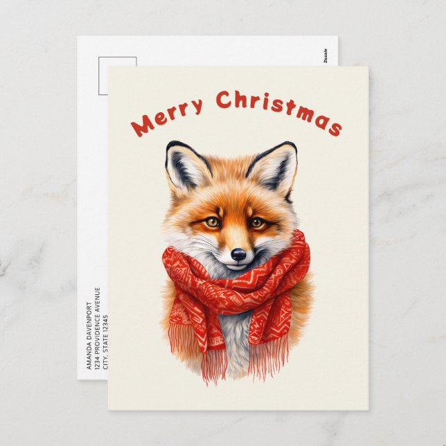 Postal Festiva Cute Fox in a Red Scarf Autumn Image (Anverso / Reverso)