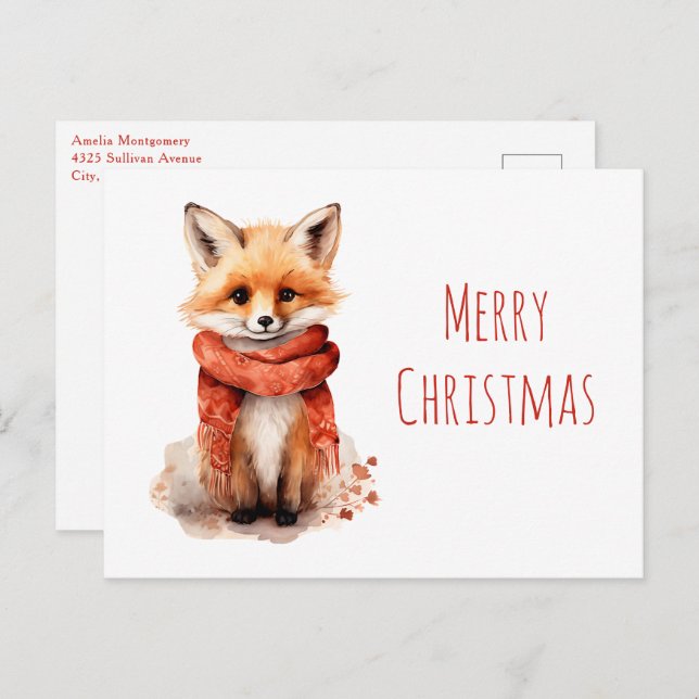 Postal Festiva Cute Fox Pup in a Red Scarf Christmas (Anverso / Reverso)