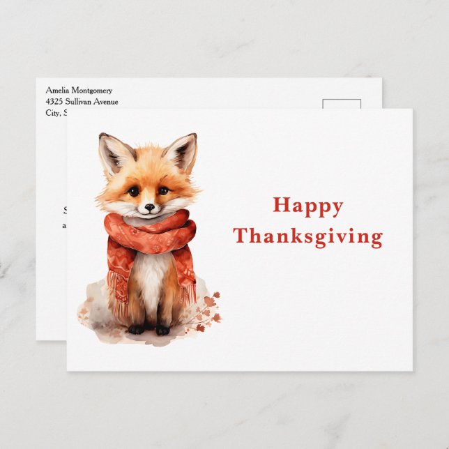 Postal Festiva Cute Fox Pup in a Red Scarf Thanksgiving (Anverso / Reverso)