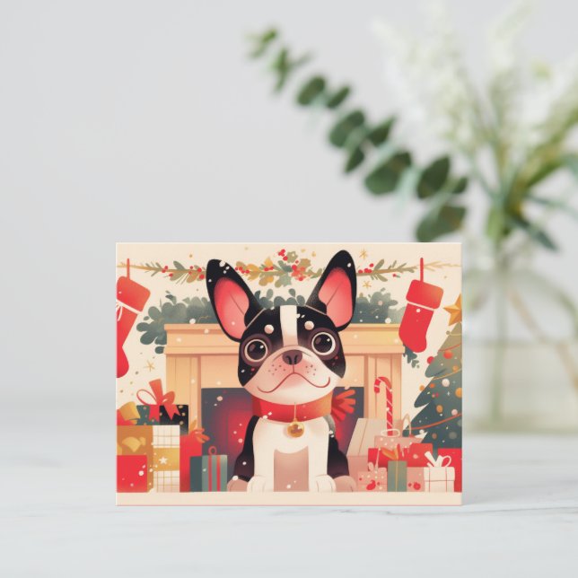 Postal Festiva Cute French Bulldog by the Christmas Fireplace (Anverso de pie)