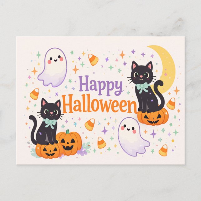 Postal Festiva Cute Friendly Cats Ghosts Pumpkins Halloween  (Anverso)