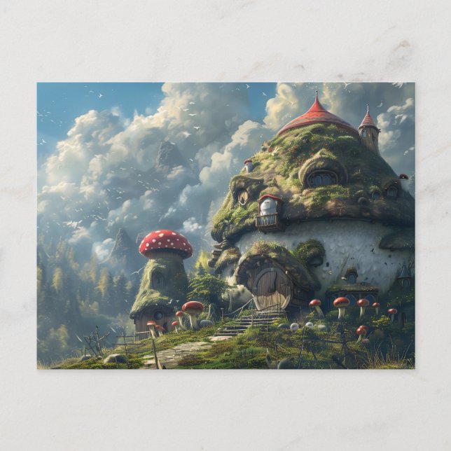 Postal Festiva Cute gnome, casa de hongos (Anverso)