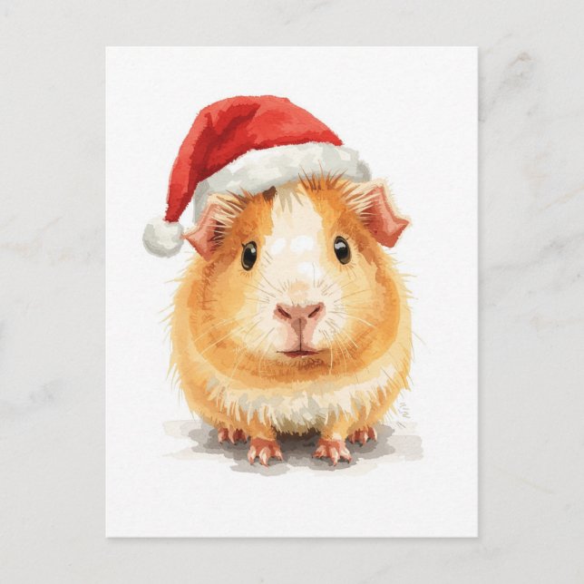 Postal Festiva Cute Guinea Pig in Santa Hat Watercolor (Anverso)
