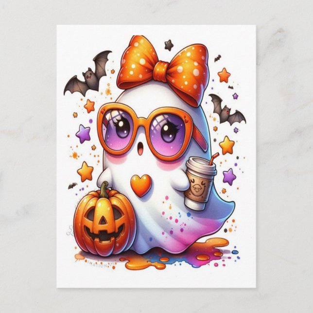 Postal Festiva Cute Halloween Fantasma Bebida Calabaza Spooky 202 (Anverso)