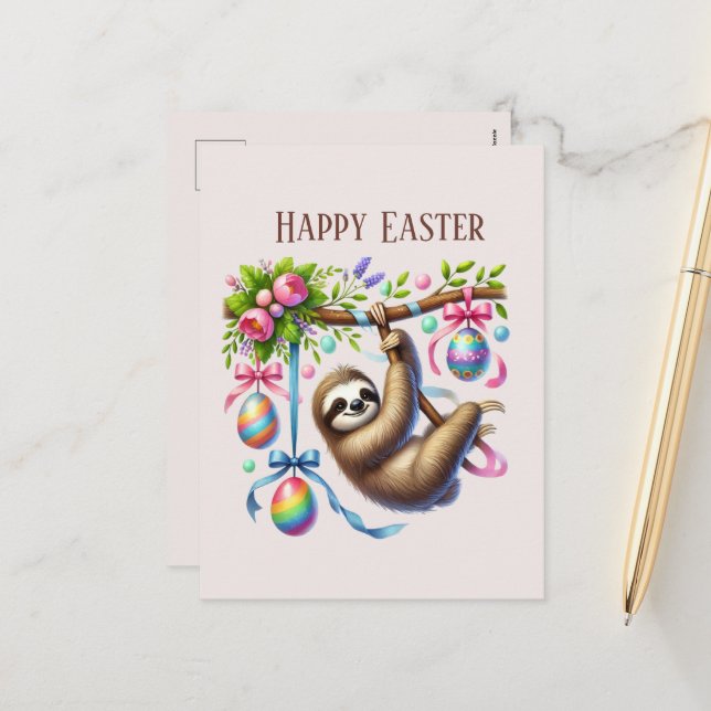 Postal Festiva Cute Happy Easter Sloth (Anverso/Reverso In Situ)