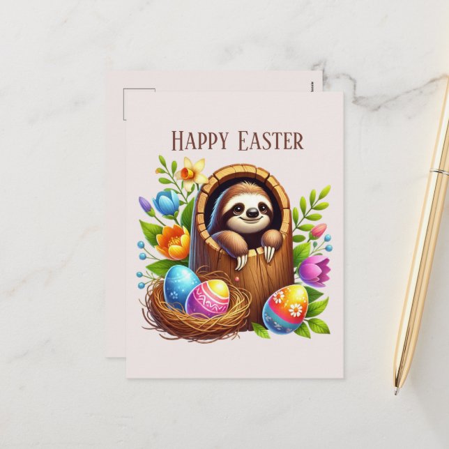 Postal Festiva Cute Happy Easter Sloth (Anverso/Reverso In Situ)