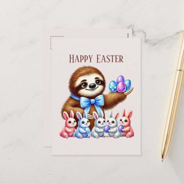 Postal Festiva Cute Happy Easter Sloth (Anverso/Reverso In Situ)
