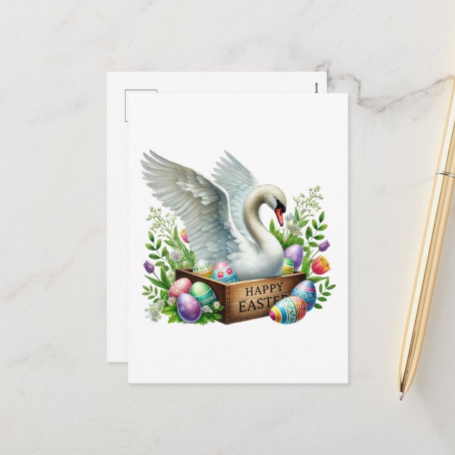 Postal Festiva Cute Happy Easter swan (Anverso/Reverso In Situ)