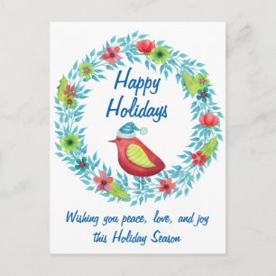Postal Festiva Cute Happy Holidays Flower Wreath with Red Bird