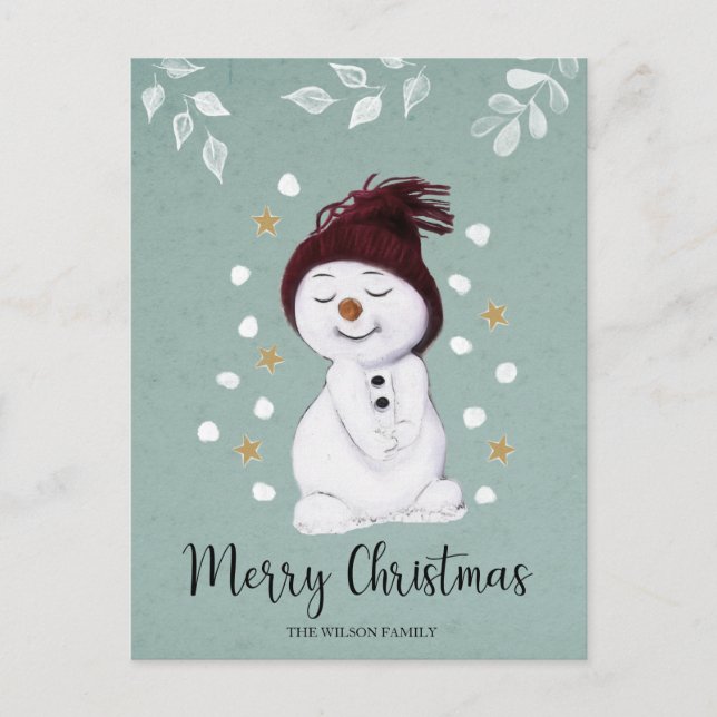 Postal Festiva Cute Happy Snowman Winter Blue Navidades (Anverso)