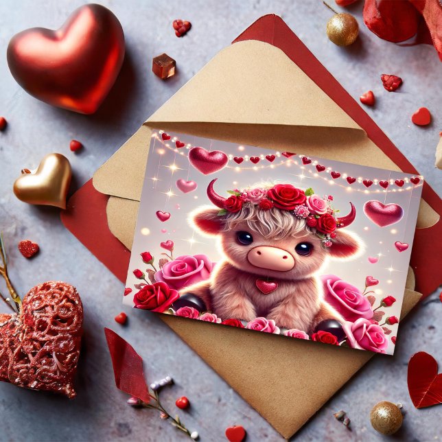 Postal Festiva Cute Hearts Highland Cow Valentines (Subido por el creador)