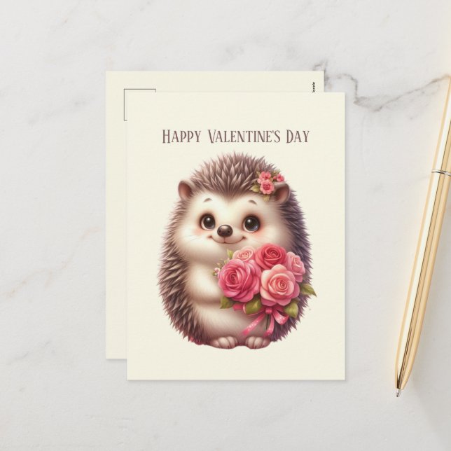 Postal Festiva Cute hedgehog Feliz Día de San Valentín niños (Anverso/Reverso In Situ)