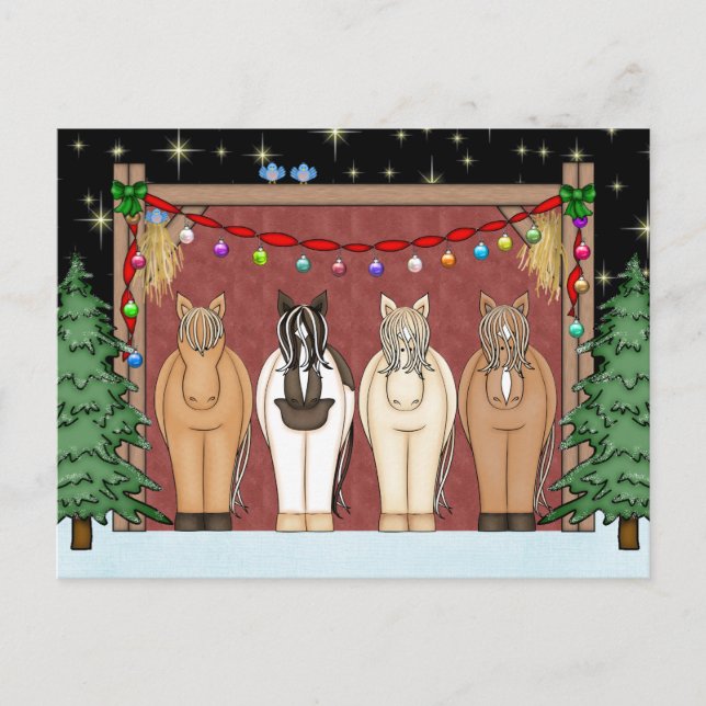 Postal Festiva Cute Horse Herd Felices Fiestas Navidades (Anverso)