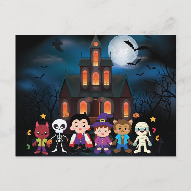 Postal Festiva Cute Kids Halloween Fiesta de disfraces (Anverso)