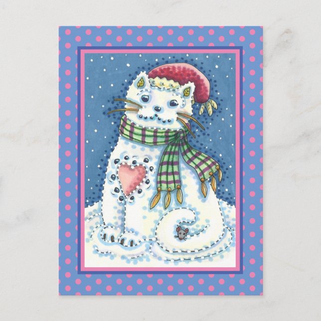 POSTAL FESTIVA CUTE KITTEN DE NIEVE, GATO DE NOVAS Y RATÓN (Anverso)