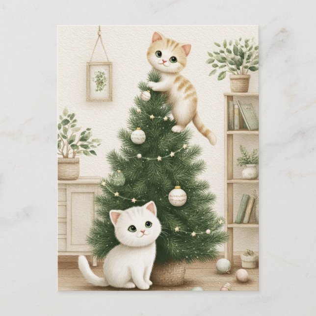 Postal Festiva Cute Kittens Playing with Christmas Tree  (Anverso)
