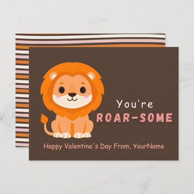 Postal Festiva Cute Lion Valentine’s Day Card – You’re Roar-Some (Anverso / Reverso)