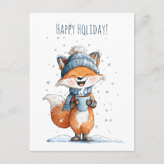 Postal Festiva Cute little fox enjoying a warm drink (Anverso)
