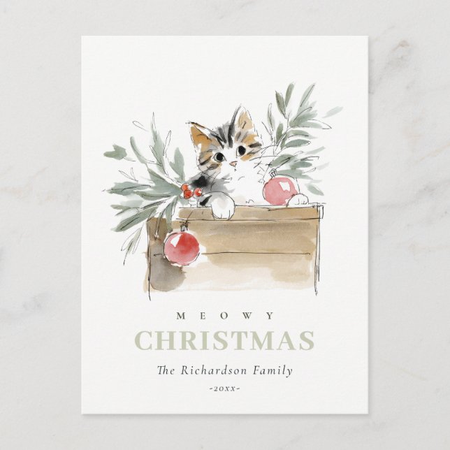 Postal Festiva Cute Modern Watercolor Meowy Christmas Box Cat (Anverso)