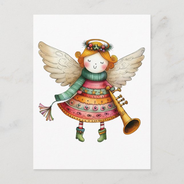 Postal Festiva Cute Navidades Folk Art Angel (Anverso)