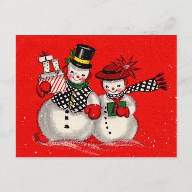 Postal Festiva Cute pareja de Snowman (Anverso)