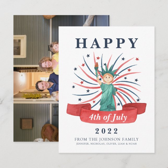 Postal Festiva Cute Patriótico Rojo Blanco y Azul 4 de Julio (Anverso / Reverso)