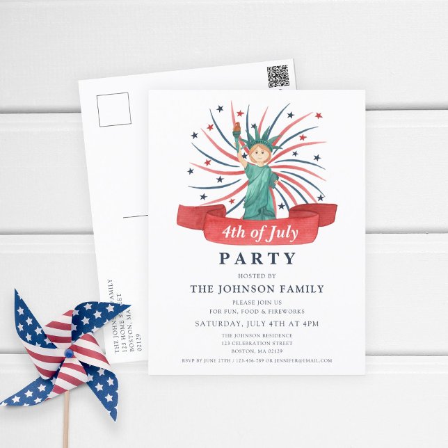 Postal Festiva Cute Patriótico Rojo Blanco y Azul 4 de Julio (Cute Patriotic Statue Of Liberty 4th Of July Holiday Postcard.)