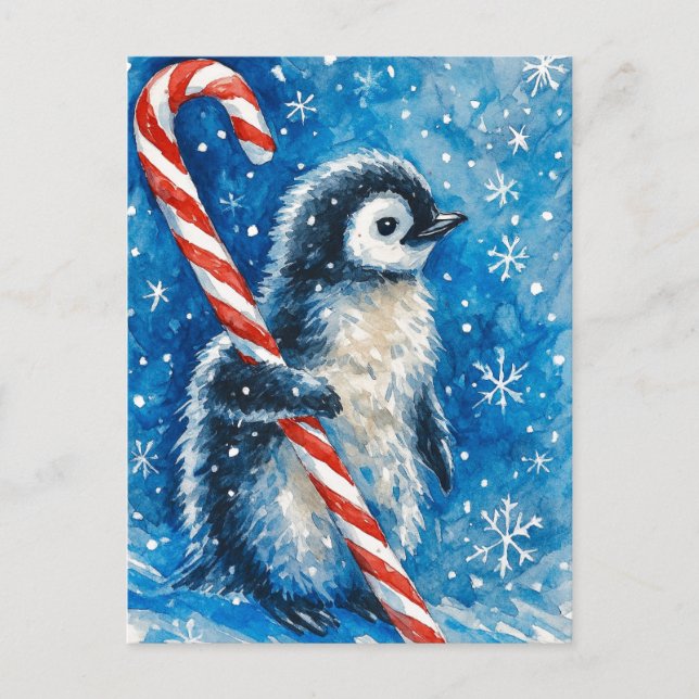 Postal Festiva Cute Penguin with Candy Cane Christmas Postcard (Anverso)